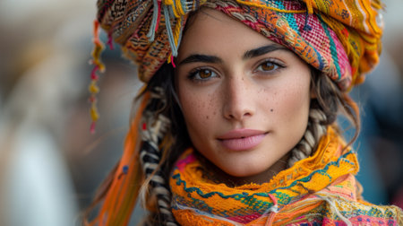 Timkadin Festival (Morocco). woman in fashion collection inspired by the vibrant colors, intricate patterns, and traditional motifs of Berber craftsmanship, as seen at the Timkadin Festival.の素材