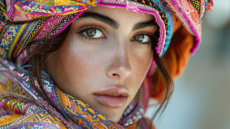 Timkadin Festival (Morocco). Woman in fashion collection inspired by the vibrant colors, intricate patterns, and traditional motifs of Berber craftsmanship, as seen at the Timkadin Festival.の素材