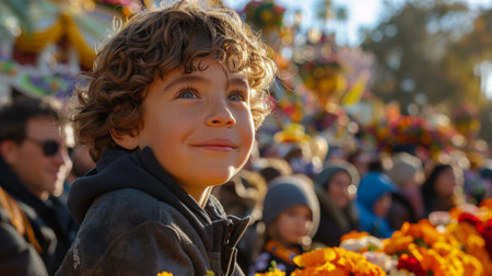 A family witnessing the awe-inspiring parade of floats and marching bands during the Rose Parade in Pasadena, California.の素材