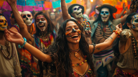 A group of revelers immersed in the vibrant colors and rhythmic beats of the Day of the Dead celebration in Mexico, surrounded by elaborate costumes and colorful skulls.の素材
