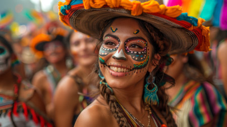 A group of revelers immersed in the vibrant colors and rhythmic beats of the Day of the Dead celebration in Mexicoの素材