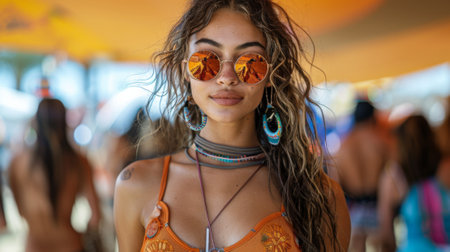 Coachella Festival. Fashion Extravaganza: Coachella is known for its trendsetting fashion, with attendees pushing the boundaries of style and self-expression through their outfits and accessories.の素材
