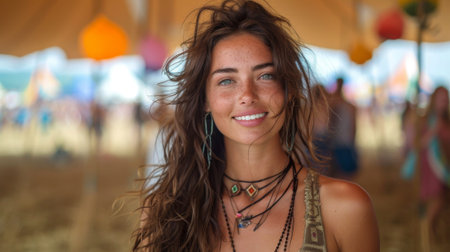 Glastonbury Festival . woman at festival backgroundの素材