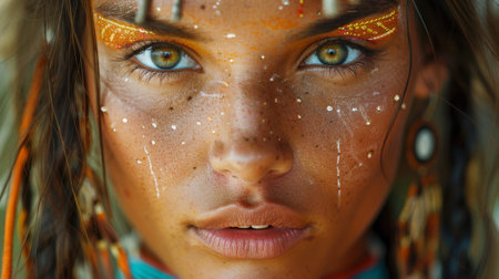 Native American Heritage Month. A close-up shot of a powwow dancers face, their expression filled with pride and reverence as they honor their ancestors and traditions.の素材