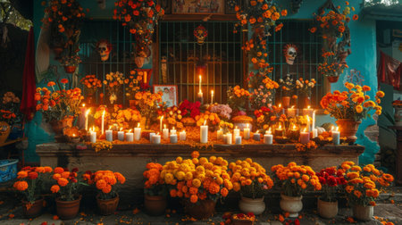 Dia de los Muertos, Mexican holiday. ofrenda altar adorned with candles, flowers, photos, and traditional food offerings, creating a sacred space for remembrance and honoring the deceased.の素材