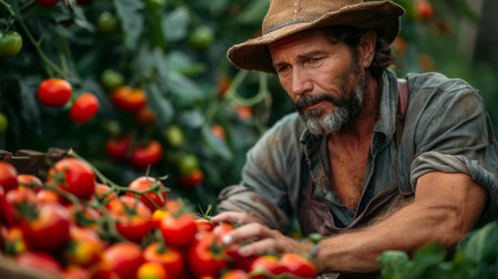 A photorealistic depiction of a farmer harvesting fresh produce in a sustainable agricultural setting, highlighting the importance of local and organic food.の素材