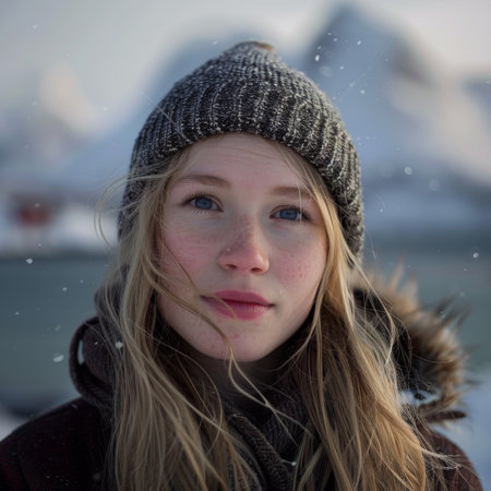 Realistic photo portrait of a Scandinavian girl against the backdrop of Lofoten. Winter, dramatic backlight.の素材