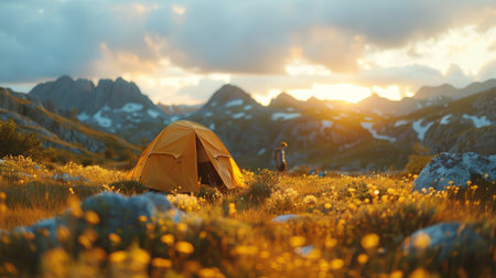 tourist tent camping in mountains at sunset. concept of adventure and wanderlust.の素材
