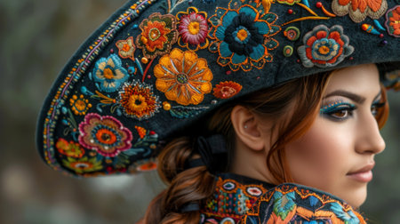 Dia de los Muertos. detailed image of catrin's costume featuring traditional charro suit adorned with embroidery and intricate details, reflecting elegance and cultural significance of attire.の素材