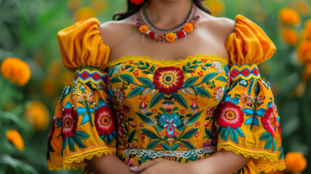 Dia de los Muerto. woman carefully selecting a traditional catrina dress from her closet, its vibrant colors and intricate embroidery reflecting the elegance and cultural significance of this attire.の素材