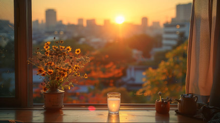 view from the window of Japan. Soft backlight. cozy and warm apartment view from window of downtown city and lamp inside of typical small apartment building roomの素材