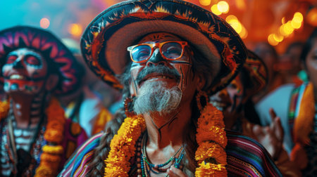 A group of revelers immersed in the vibrant colors and rhythmic beats of the Day of the Dead celebration in Mexicoの素材