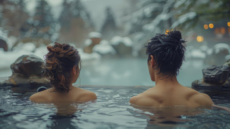 Japan. A couple escapes the hustle and bustle of city life to an onsen, seeking a romantic getaway amidst the serene winter landscape.の素材