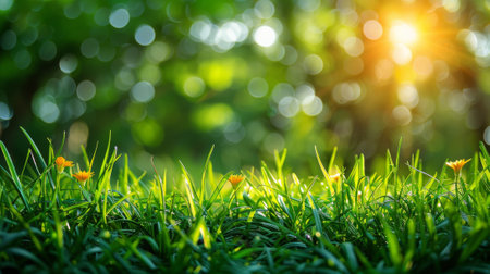 Spring background with green grass and blurred sun rays on bokeh nature background, copy space for text.の素材