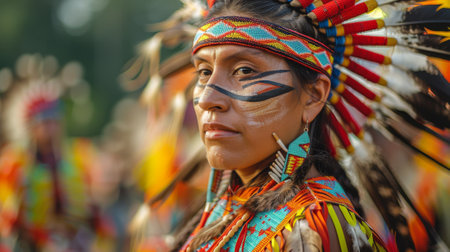 Independence Day in the United States . traditional Native American powwow, with dancers in regalia performing ceremonial dances, honoring the rich indigenous heritage of the United States.の素材