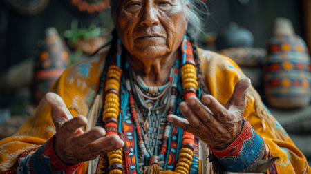 Native American Heritage Month. A Native American storytellers hands gesturing as they weave a tale, their words transporting listeners to a world of ancient myths and legends.の素材