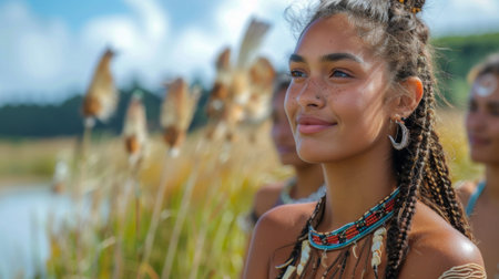 International Day of the Worlds Indigenous Peoples. culture of Maori women against the backdrop of New Zealands beautiful natural surroundingsの素材