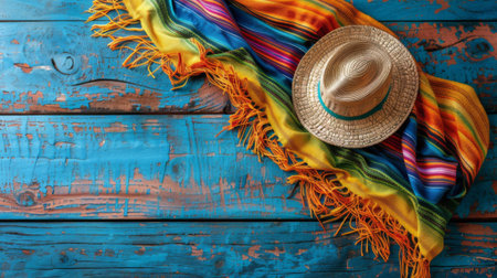 Hispanic Heritage Month. A top view of an old wooden table with colorful Mexican poncho, sombrero and a straw hat placed on it. The background is a textured blue wood surface. --ar 16:9 --style raw --stylize 700 Job ID: 37f0591a-6619-4ccd-9d24-02096285ba1fの素材