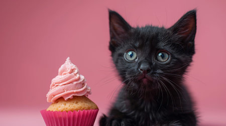 Happy birthday. photo of black cat in birthday hat, cupcake on pink backgroundの素材
