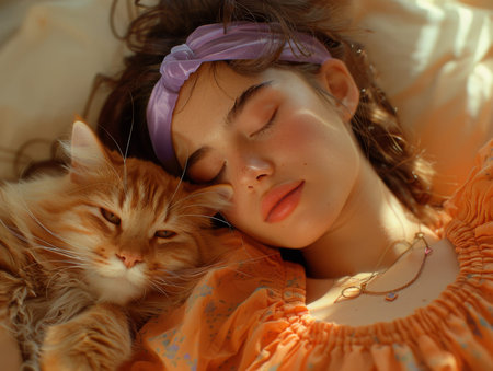 woman wearing sleeping soundly in a sunlit bedroom. The light casts soft shadows on her face and highlights her tousled hair. A cat curls up on her chest, purring contentedly.の素材