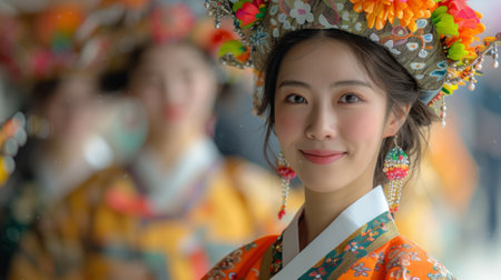 Chuseok Festival . Traditional Korean attire adorns many, adding a touch of elegance and cultural vibrancy to the festivitiesの素材