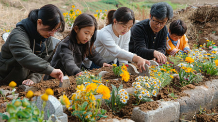 Visits to Ancestral Graves: Families pay their respects to their ancestors by visiting their graves, tidying them up, and offering prayers, strengthening their connection to their heritage.の素材