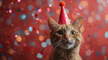 Happy birthday. Banner featuring elegant cat wearing sunglasses and a colorful party hat, with confetti flying around in the background, creating a festive atmosphere for birthday or celebration themesの素材
