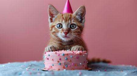 Happy birthday. photo of cute happy kitten sitting on top birthday cake with party hat, isolated pink background, minimalistic styleの素材