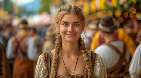 Oktoberfest. People are dressed in traditional Bavarian clothing, including lederhosen and dirndls.の素材