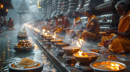 Ganges Aarti Festival. Following Ganga Aarti, sanctified offerings are distributed among devotees, often consisting of sweets, fruits, and holy water, symbolizing blessings and divine grace.の素材