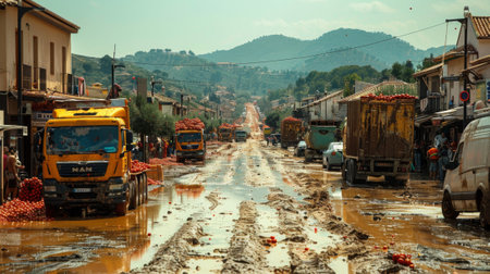La Tomatina Festival (Spain). extensive preparation in days leading up to the festival, with streets being cleared, shops and windows boarded up, and trucks loaded with tomatoes arriving from nearby farmsの素材