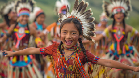 Native American Heritage Month. A group of Native American youth participating in a traditional dance or sporting event, their energy and enthusiasm showing the vitality of their culture.の素材