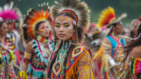 Native American Heritage Month. A powwow scene, with dancers in regalia performing ceremonial dances, their movements and attire showing the beauty and diversity of Native American cultures.の素材