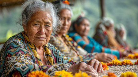 International Day of the World's Indigenous Peoples. A group of Maori women sit together, weaving a beautiful whariki woven mat using natural materials like flax harakeke.の素材