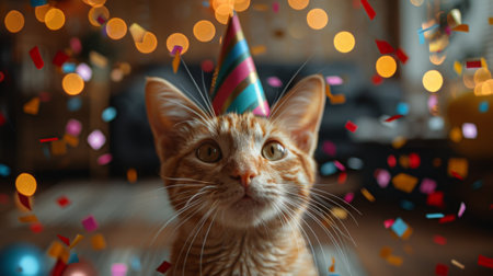 Happy birthday. A banner featuring an elegant ginger cat wearing colorful party hat, with confetti flying around in the background, creating a festive atmosphere for birthday or celebration themes.の素材