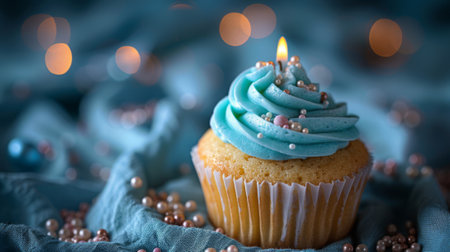Cupcake with turquoise cream and a burning candle on a white table against a light background, space for text. Birthday celebrationの素材