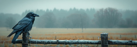 A raven sits on a fence on a gloomy winter day against a stormy sky. Countryside, fields, forest on the horizon. mystical forest. gothic aesthetic.の素材