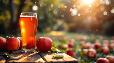 Cider. a glass of cider with fresh apples stands on an old wooden table, against the backdrop of a green morning summer forest, scattered magical lightの素材