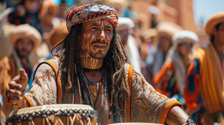 The rhythmic beats of traditional Berber music, known as Gnawa, fill the streets, accompanied by lively dancing and colorful displays of Berber attire and handicrafts.の素材