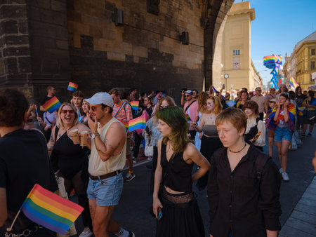 Prague, Czech Republic - August 12, 2023: Pride month in old city center. Prague Pride Festival Parade. festival participants in different costumes, the beginning of the processionのeditorial素材