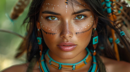 Native American Heritage Month. image of strong Indian woman with bow and arrow in authentic clothes against forest backgroundの素材