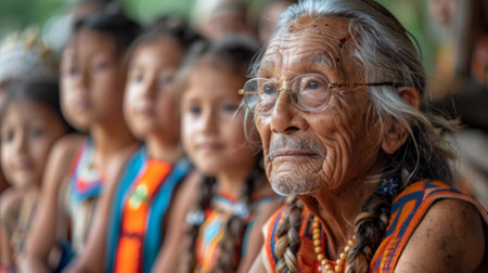 Indigenous Peoples' Day. A group of children gathered around an elder, listening intently as they share stories of their culture and traditions.の素材