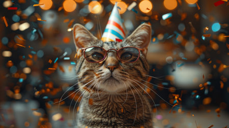 Happy birthday. elegant cat wearing sunglasses and a colorful party hat, with confetti flying around in the background, creating a festive atmosphere for birthday or celebration themes.の素材