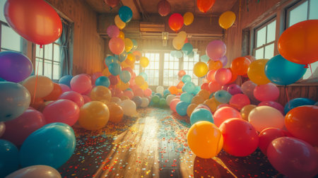 Happy birthday. The Colorful Extravaganza. A scene of a room filled with colorful balloons, streamers, and decorations, creating a visually stimulating and joyful atmosphere.の素材