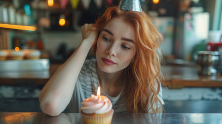 Happy birthday. A sad woman wearing a party hat sitting at the kitchen table with her head in one hand looking down at a cupcake that only has one lit candle in it,の素材
