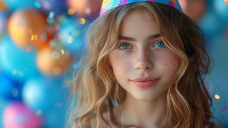 Happy birthday. Funny girl in birthday hat on blue backgroundの素材