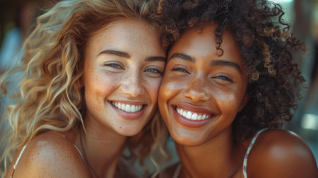 Happy birthday. The Unforgettable Moments. A close-up shot of two friends sharing a laugh or a secret, their expressions conveying a sense of camaraderie and shared memories.の素材