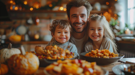 Thanksgiving and Harvest Festival. happy family in cozy home during holiday dinnerの素材