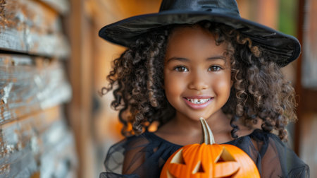 Halloween, spookiest day of year. Happy African American girl in witch costume holding Halloween pumpkin over yellow background with copy space. happy laughing child wearing a black hatの素材