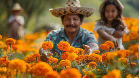 Dia de los Muerto, Mexican holiday. A scene of a family walking through a field of marigolds, their hands filled with flowers as they prepare for Day of Dead celebrations.の素材